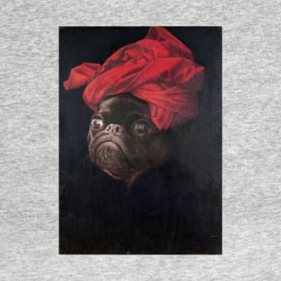 Portrait of a Black Pug in a Red Turban T-Shirt